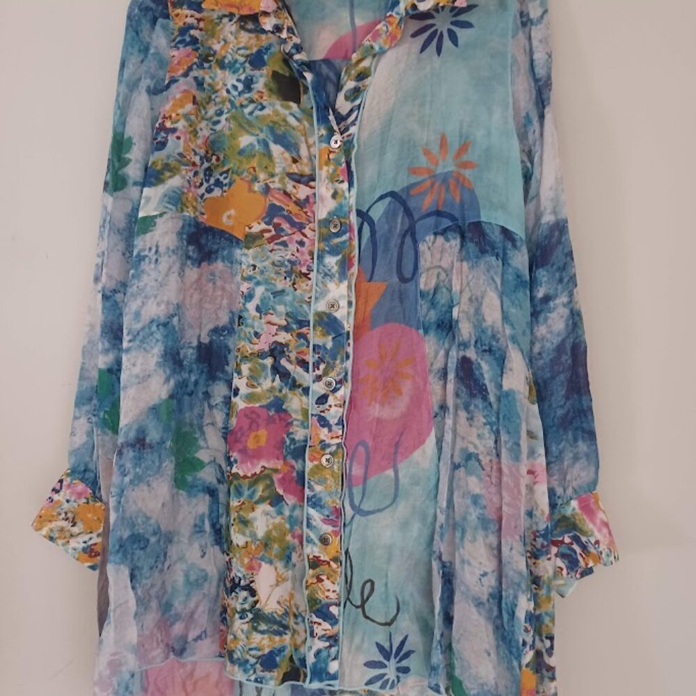 ohn Mark Women Small Sheer Tunic Blouse Abstract Floral Button Front Boho - Picture 4 of 7